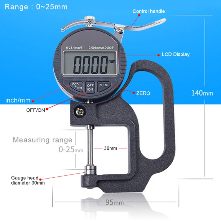0-25mm Range 30mm Probe Digital Display Micrometer Thickness Gauge - HoMEdemic™ 