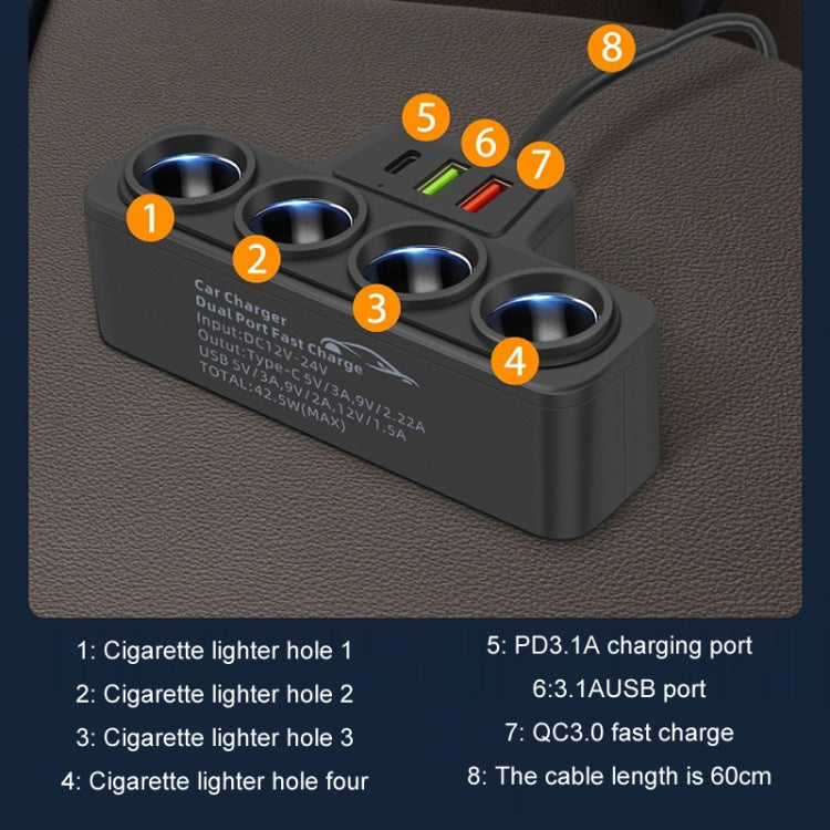 1 to 4 Q3.0 Car Cigarette Lighter Fast Charging 120W Car Conversion Plug(BY-1369) - HoMEdemic™ 