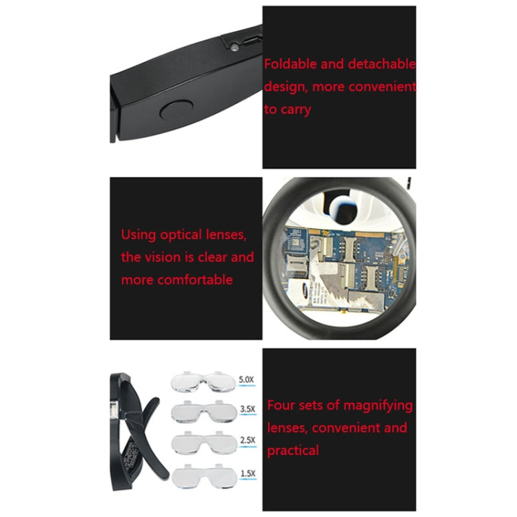11537DC 1.5X / 2.5X / 3.5X / 5X Rechargeable LED Light Glasses Magnifier, 11537DC - HoMEdemic™ 