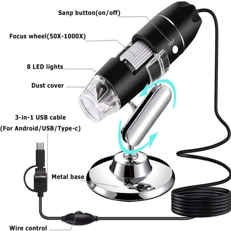 1600X Magnifier HD Image Sensor 3 in 1 USB Digital Microscope with 8 LED & Professional Stand - HoMEdemic™ 