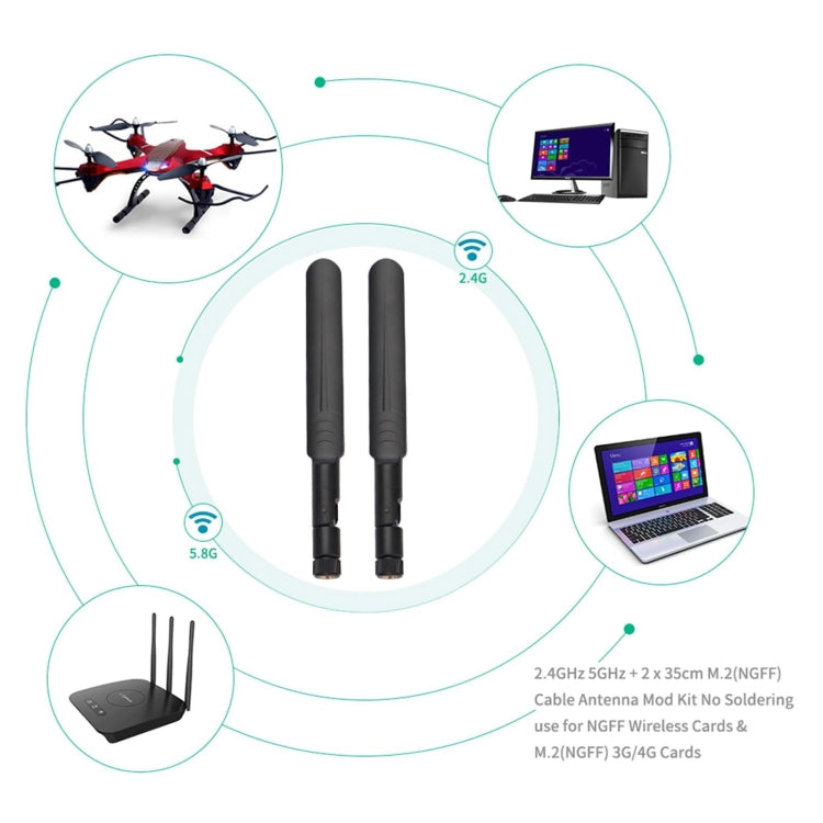 2 x 6dBi 2.4GHz 5GHz Dual Band WiFi RP-SMA Male Antenna + 2 x 35CM RP-SMA IPEX MHF4 Pigtail Cable for M.2 NGFF WiFi WLAN Card (Black) - HoMEdemic™ 