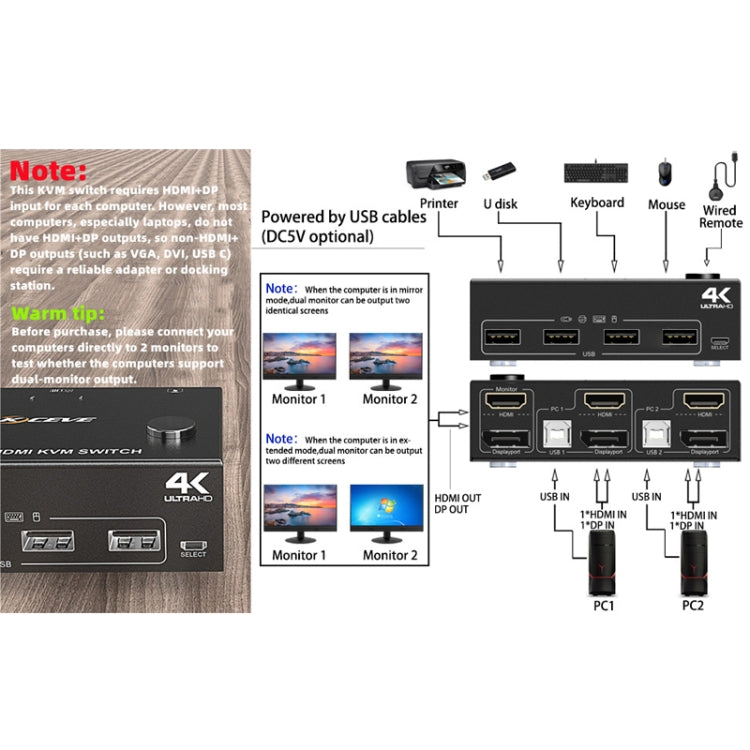 202DH DP HDMI Dual Channel KVM Switch Computer Host DP Interface Keyboard Mouse Sharing Display(Black) - HoMEdemic™ 