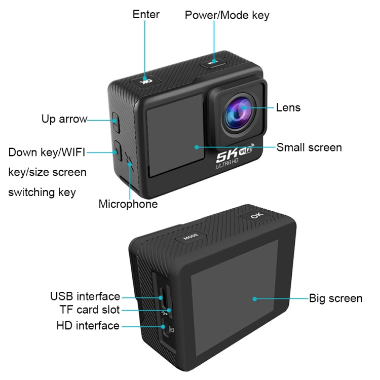 5K/30FPS WIFI HD Anti-Shake Remote Touch Dual-Screen IP68 Waterproof Sports Camera, Style: Camera + 64G Card - HoMEdemic™ 