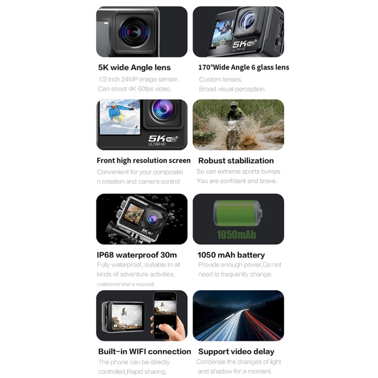 5K/30FPS WIFI HD Anti-Shake Remote Touch Dual-Screen IP68 Waterproof Sports Camera, Style: Camera + 64G Card - HoMEdemic™ 