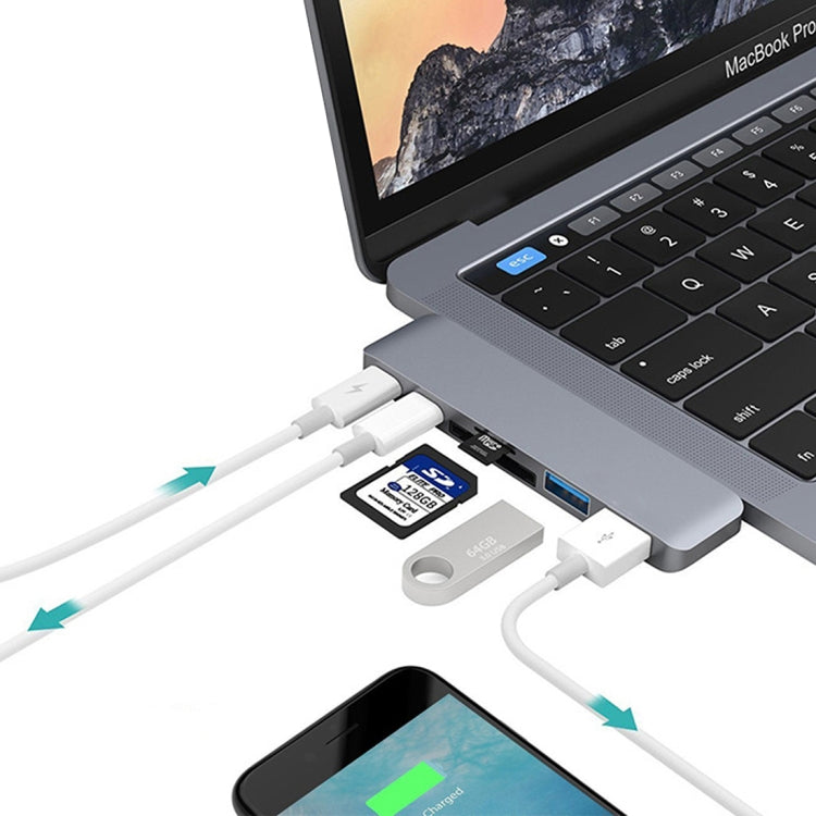 6 in 1 Multi-function Aluminium Alloy 5Gbps Transfer Rate Dual USB-C / Type-C HUB Adapter with 2 USB 3.0 Ports & 2 USB-C / Type-C Ports & SD Card Slot & TF Card Slot for Macbook 2015 / 2016 / 2017, 6 in 1 Grey - HoMEdemic™ 