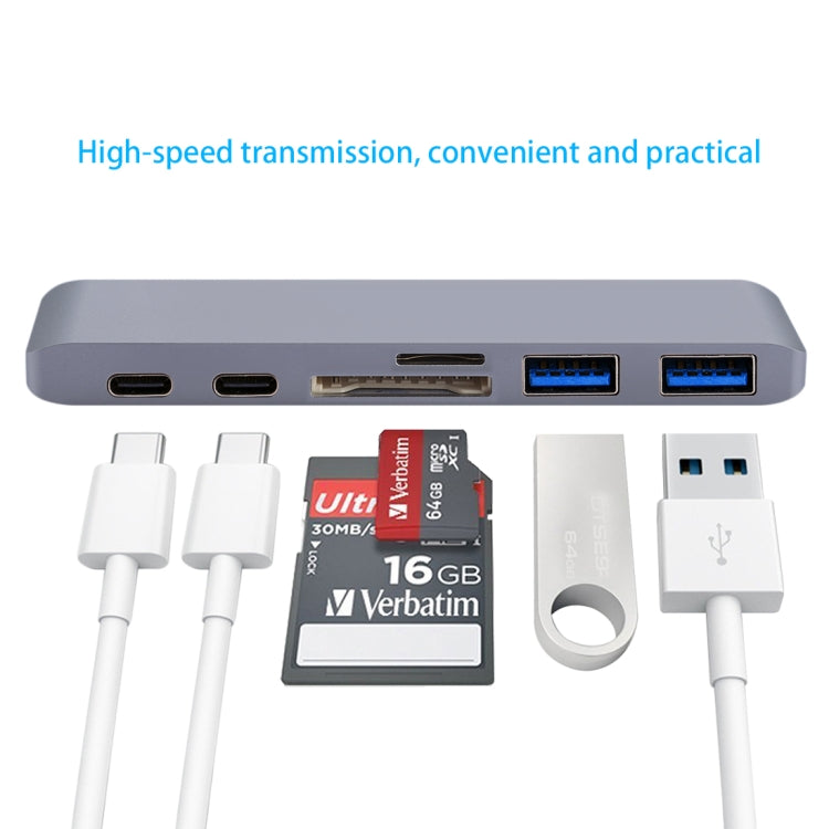 6 in 1 Multi-function Aluminium Alloy 5Gbps Transfer Rate Dual USB-C / Type-C HUB Adapter with 2 USB 3.0 Ports & 2 USB-C / Type-C Ports & SD Card Slot & TF Card Slot for Macbook 2015 / 2016 / 2017, 6 in 1 Grey - HoMEdemic™ 