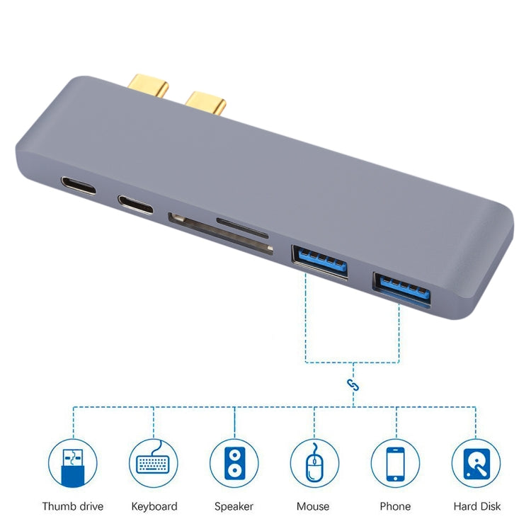 6 in 1 Multi-function Aluminium Alloy 5Gbps Transfer Rate Dual USB-C / Type-C HUB Adapter with 2 USB 3.0 Ports & 2 USB-C / Type-C Ports & SD Card Slot & TF Card Slot for Macbook 2015 / 2016 / 2017, 6 in 1 Grey - HoMEdemic™ 