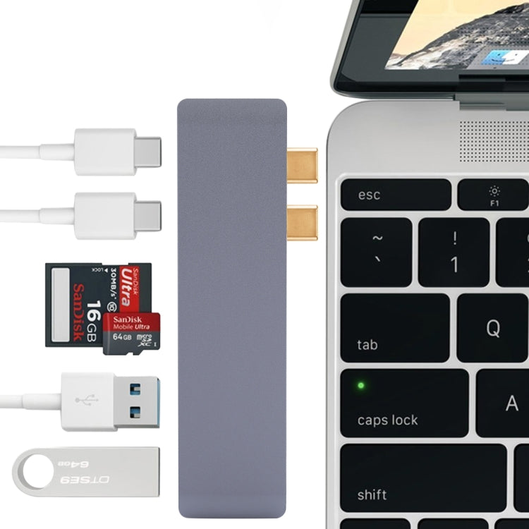 6 in 1 Multi-function Aluminium Alloy 5Gbps Transfer Rate Dual USB-C / Type-C HUB Adapter with 2 USB 3.0 Ports & 2 USB-C / Type-C Ports & SD Card Slot & TF Card Slot for Macbook 2015 / 2016 / 2017, 6 in 1 Grey - HoMEdemic™ 