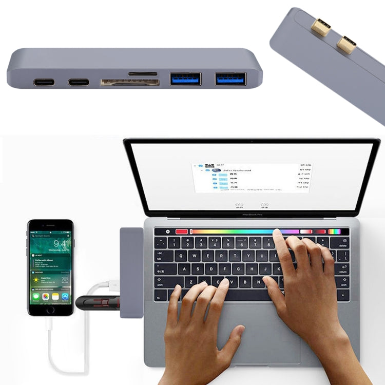 6 in 1 Multi-function Aluminium Alloy 5Gbps Transfer Rate Dual USB-C / Type-C HUB Adapter with 2 USB 3.0 Ports & 2 USB-C / Type-C Ports & SD Card Slot & TF Card Slot for Macbook 2015 / 2016 / 2017, 6 in 1 Grey - HoMEdemic™ 