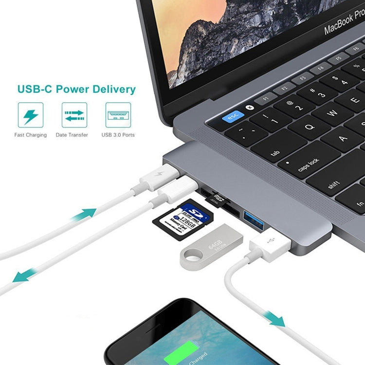 6 in 1 Multi-function Aluminium Alloy 5Gbps Transfer Rate Dual USB-C / Type-C HUB Adapter with 2 USB 3.0 Ports & 2 USB-C / Type-C Ports & SD Card Slot & TF Card Slot for Macbook 2015 / 2016 / 2017, 6 in 1 Grey - HoMEdemic™ 