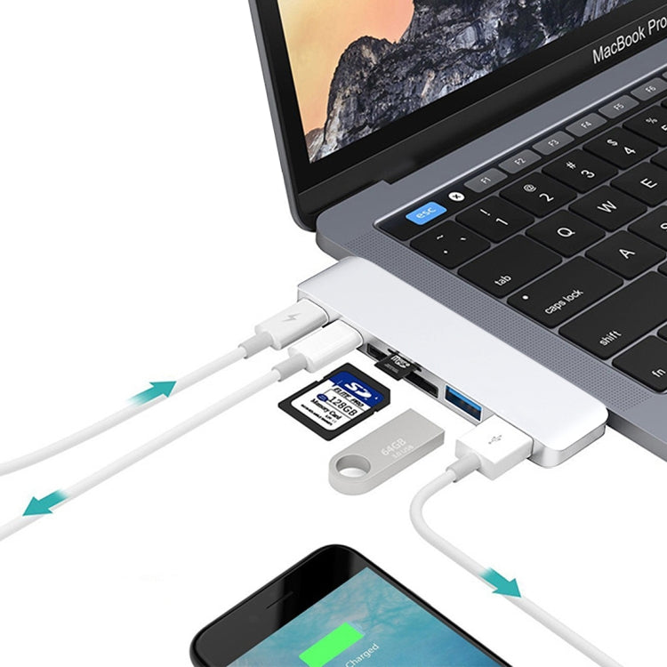 6 in 1 Multi-function Aluminium Alloy 5Gbps Transfer Rate Dual USB-C / Type-C HUB Adapter with 2 USB 3.0 Ports & 2 USB-C / Type-C Ports & SD Card Slot & TF Card Slot for Macbook 2015 / 2016 / 2017, 6 in 1 Silver, 6 in 1 Grey - HoMEdemic™ 