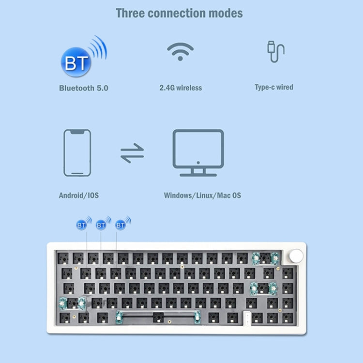 67 Keys Three-mode Customized DIY With Knob Mechanical Keyboard Kit Supports Hot Plug RGB Backlight, Color: White - HoMEdemic™ 