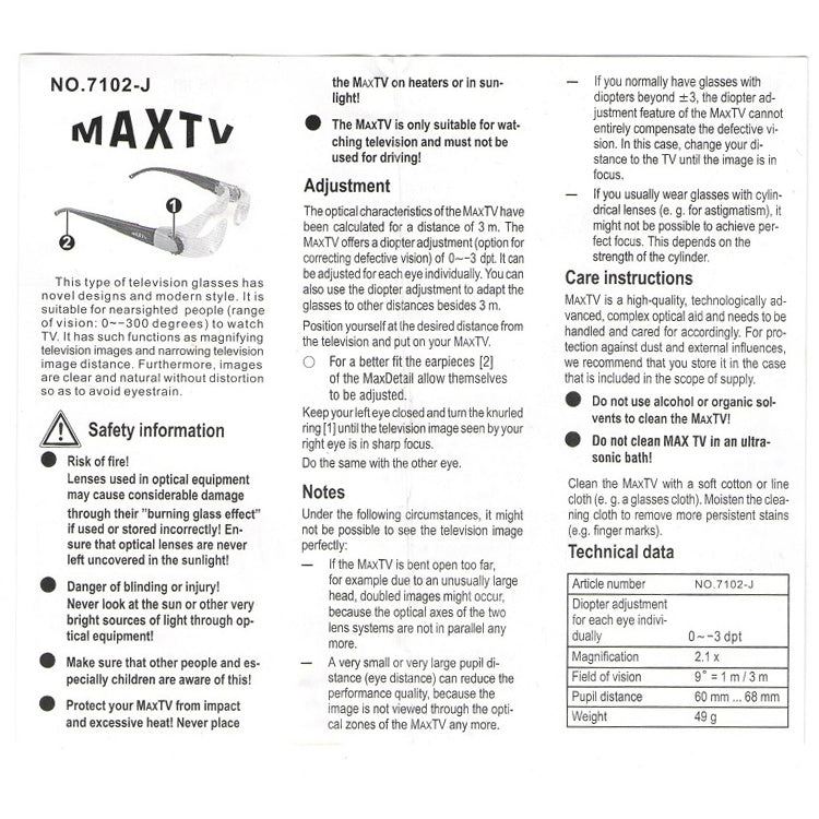7012J 2.1X TV Magnification Glasses for Myopia People (Range of Vision: 0 to -300 Degrees), 7012J Myopia - HoMEdemic™
