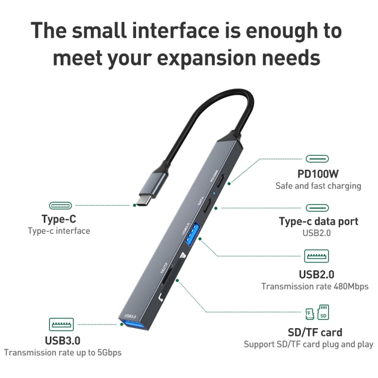 ADS-807 PD100 6 in 1 Type-C to PD100W + USB3.0 + USB2.0 + SD/TF HUB Docking Station(Space Grey) - HoMEdemic™ 