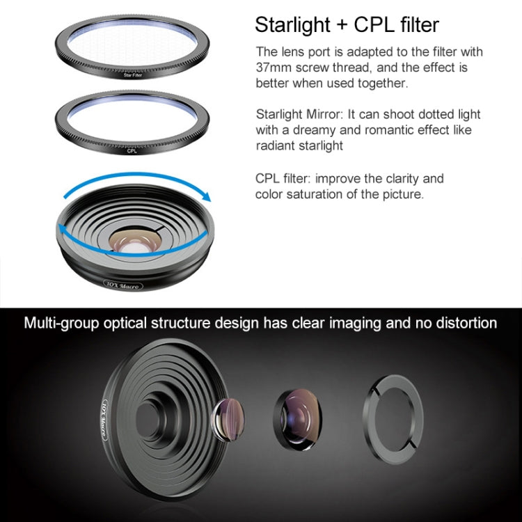 APEXEL APL-HB10X Macro Lens Telephoto Clip + Star Light Filter + CPL Phone Lens Kit - HoMEdemic™ 