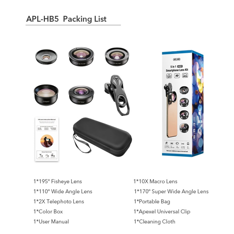 APEXEL APL-HB5 5 in 1 Wide Angle Macro Fisheye HD External Mobile Phone Lens(Set) - HoMEdemic™ 