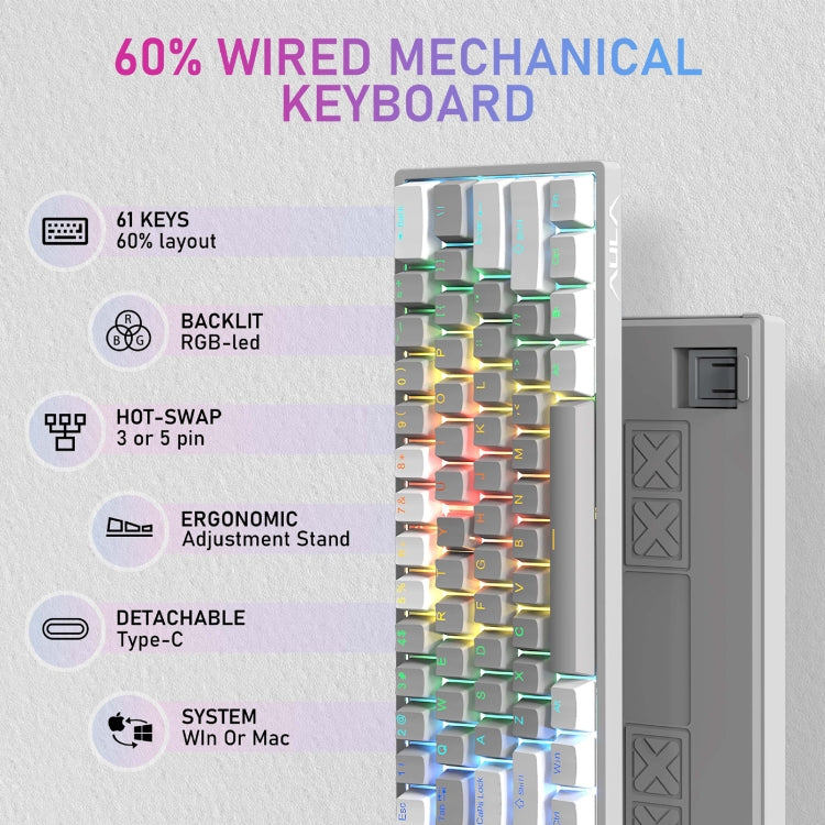 AULA F3261 Type-C Wired Hot Swappable 61 Keys RGB Mechanical Keyboard(Black Grey Tea Shaft) - HoMEdemic™ 