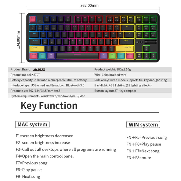 Ajazz K870T 87-Key Hot Swap Bluetooth/Wired Dual Mode RGB Backlight Office Game Mechanical Keyboard Tea Shaft (White) - HoMEdemic™ 