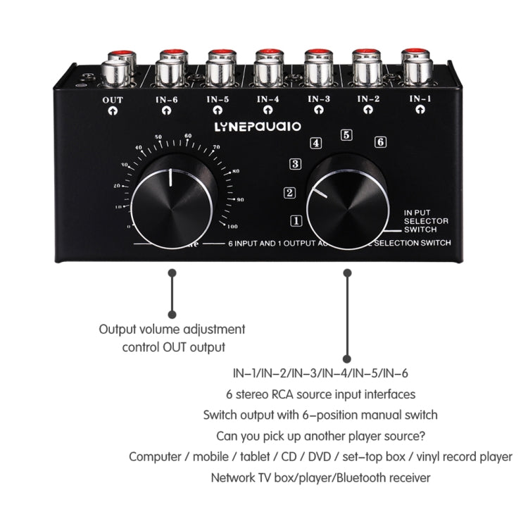 B016 6 Input 1 Output Audio Signal Source Selection Switcher, Output Volume Adjustment Control RCA Port, 6 Input 1 Output - HoMEdemic™ 