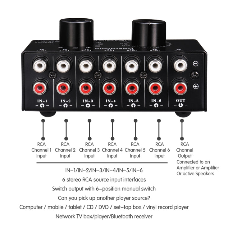 B016 6 Input 1 Output Audio Signal Source Selection Switcher, Output Volume Adjustment Control RCA Port, 6 Input 1 Output - HoMEdemic™ 