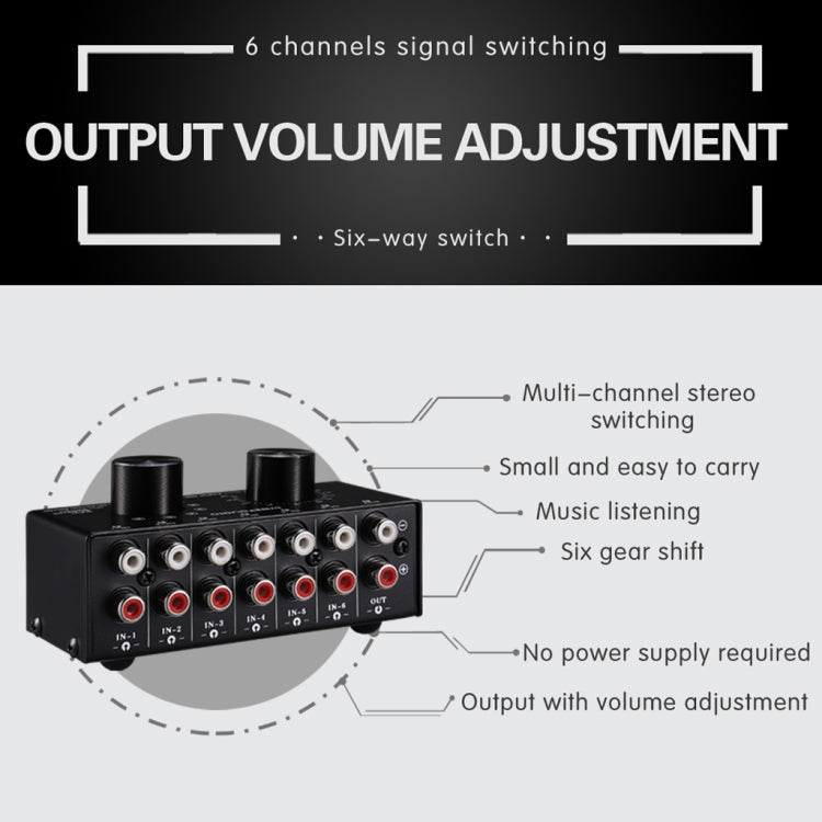 B016 6 Input 1 Output Audio Signal Source Selection Switcher, Output Volume Adjustment Control RCA Port, 6 Input 1 Output - HoMEdemic™ 