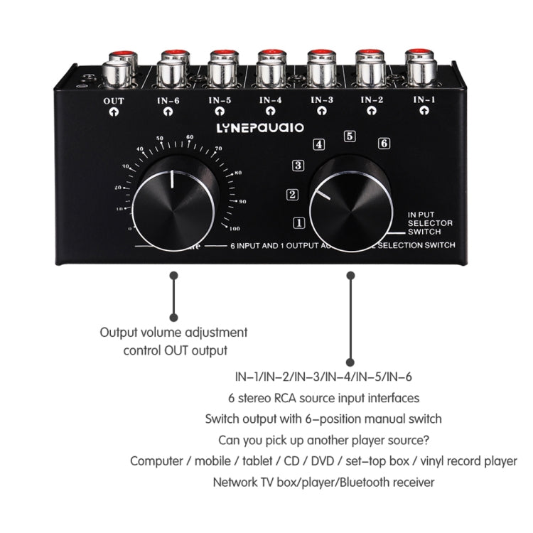 B016 6 Input 1 Output Audio Signal Source Selection Switcher, Output Volume Adjustment Control RCA Port, 6 Input 1 Output - HoMEdemic™ 