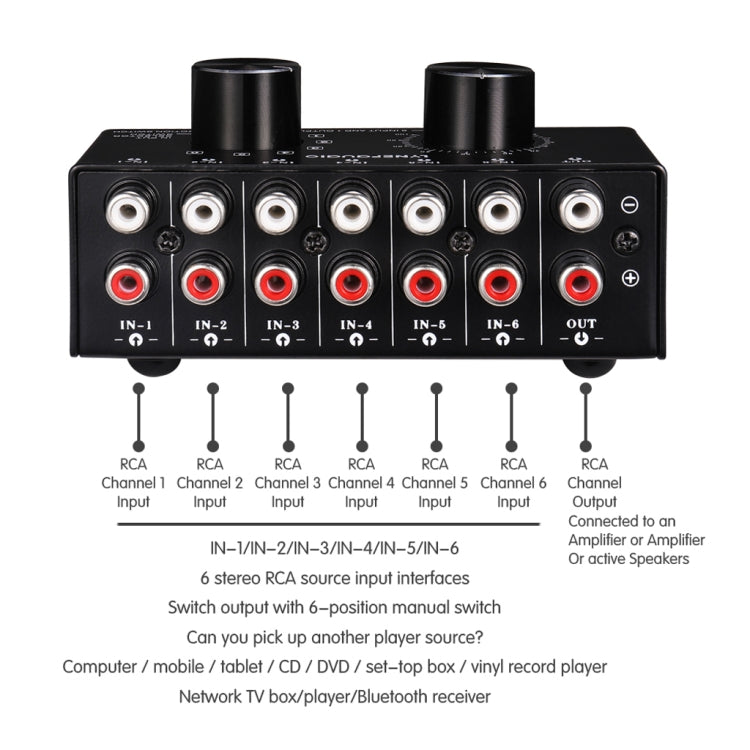 B016 6 Input 1 Output Audio Signal Source Selection Switcher, Output Volume Adjustment Control RCA Port - HoMEdemic™ 