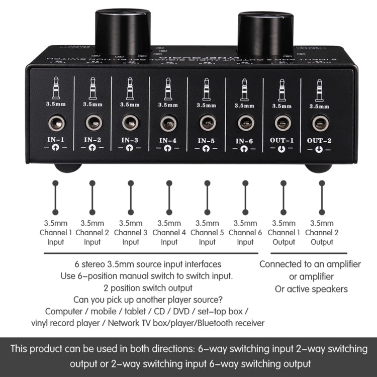 B027 6 input 2 output or 2 input 6 output audio signal source selection switcher 3.5mm interface - HoMEdemic™ 