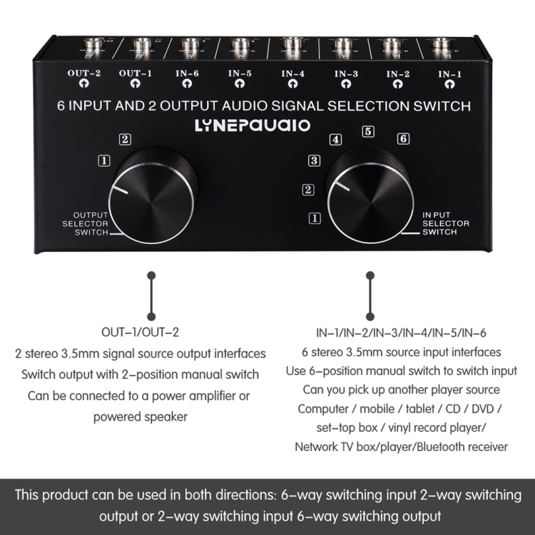 B027 6 input 2 output or 2 input 6 output audio signal source selection switcher 3.5mm interface - HoMEdemic™ 