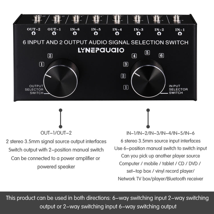 B027 6 input 2 output or 2 input 6 output audio signal source selection switcher 3.5mm interface - HoMEdemic™ 