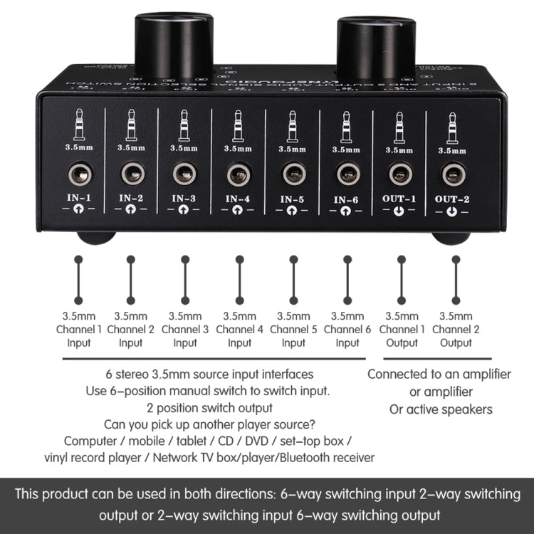 B027 6 input 2 output or 2 input 6 output audio signal source selection switcher 3.5mm interface - HoMEdemic™ 