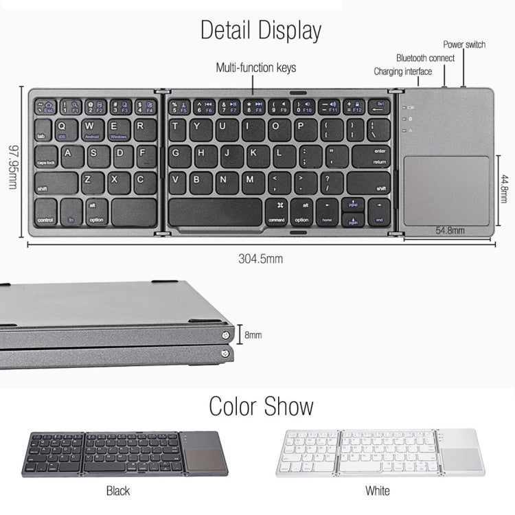 B033 Rechargeable 3-Folding 64 Keys Bluetooth Wireless Keyboard with Touchpad(Silver) - HoMEdemic™ 