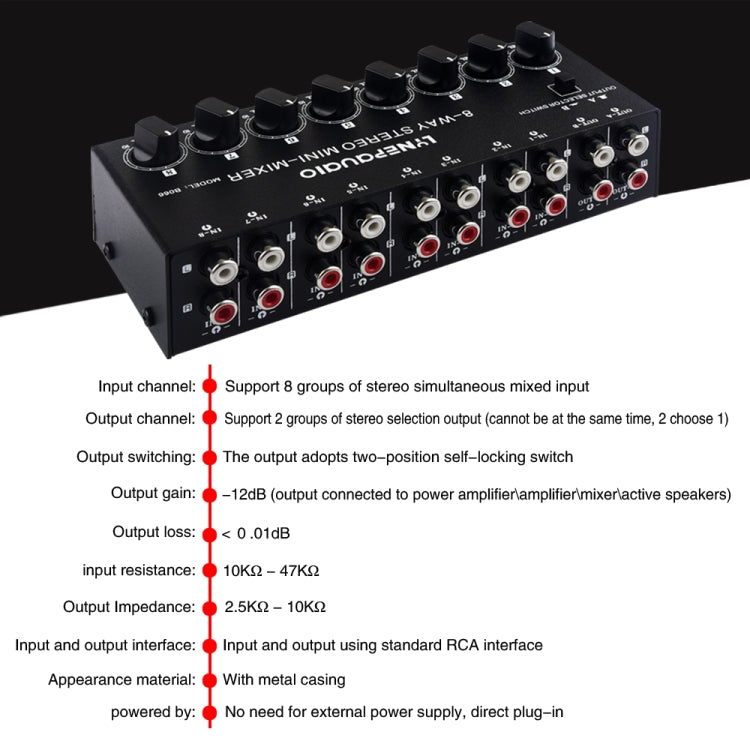 B066 Mini Stereo 8 Channel RCA Non Source Sound Passive Mixer, No Power Supply, 8 Channel RCA - HoMEdemic™ 