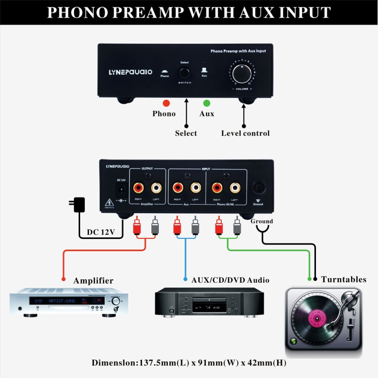 B855 LINEPAUDIO Phone Prephonograph Signal Amplifier with Auxiliary Input and Volume Control - HoMEdemic™ 