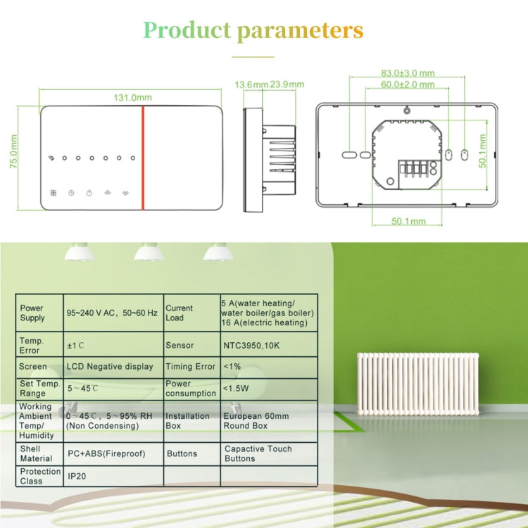 BHT-005-GCLW 220V AC 3A Smart Home Heating Thermostat for EU Box, Control Boiler Heating with Only Internal Sensor & WIFI Connection, BHT-005-GCLW - HoMEdemic™ 