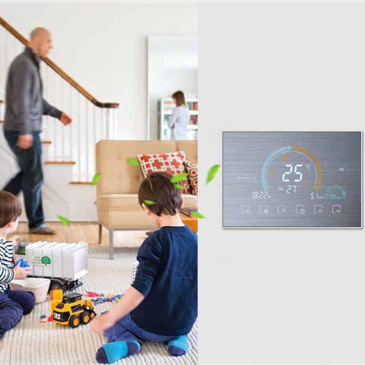 BHT-8000-GCLW-SS Brushed Stainless Steel Mirror Controlling Water/Gas Boiler Heating Energy-saving and Environmentally-friendly Smart Home Negative Display LCD Screen Round Room Thermostat with WiFi, with WiFi - HoMEdemic™ 