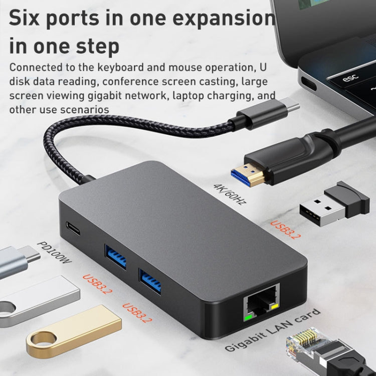 BYL-2308 6 in 1 USB-C / Type-C to USB3.2 + Gigabit Internet + HDTV HUB Adapter (Dark Gray) - HoMEdemic™ 
