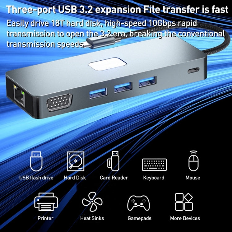 BYL-2309 Type-C to HDMI 4K 60Hz + DP HD + VGA + RJ47 + USB3.2 + Audio 3.5mm + PD100W + SD + TF Docking Station HUB - HoMEdemic™ 