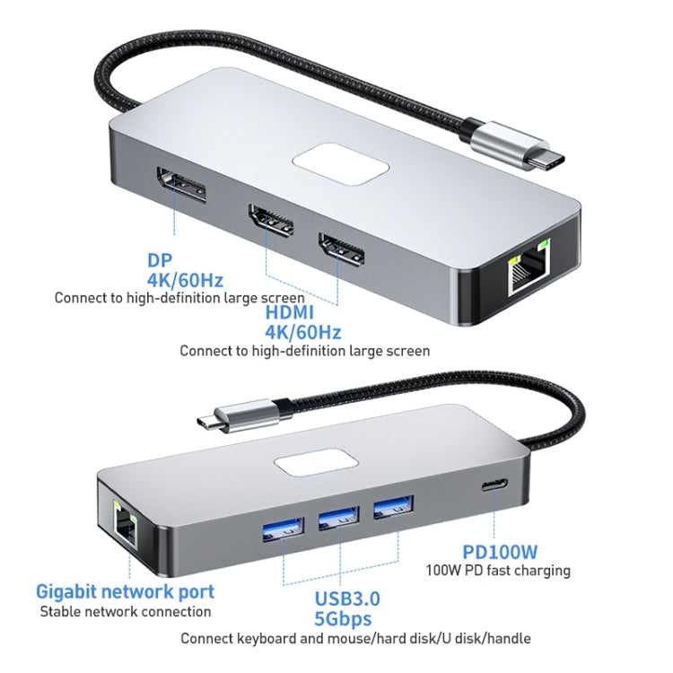 BYL-2401 8 in 1 Type-C to PD100W + USB3.0 + HDMI + DP + RJ45 HUB Docking Station(Space Grey) - HoMEdemic™ 