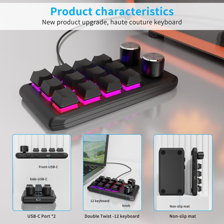 Bluetooth Wireless 12KV2 MOLD Mini Mechanical 12 Keys 2 Knob Custom Programming Keyboard(Black) - HoMEdemic™ 
