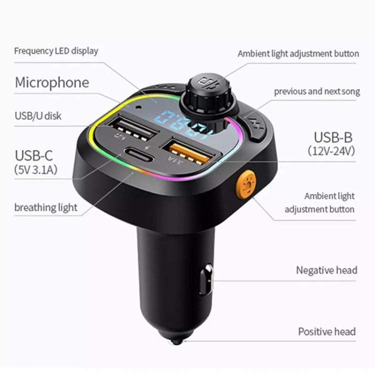 C28 Fast Charging Atmosphere Light Handsfree Car Kit Car Mp3 Player Stereo FM Transmitter, C28 - HoMEdemic™ 