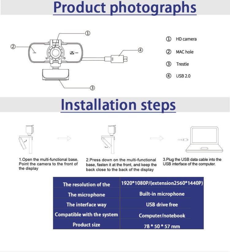 C5 4 Million Pixel Auto Focus 2K Full HD Webcam 360 Rotation USB Driver-free Live Broadcast WebCamera with Mic, C5 - HoMEdemic™ 
