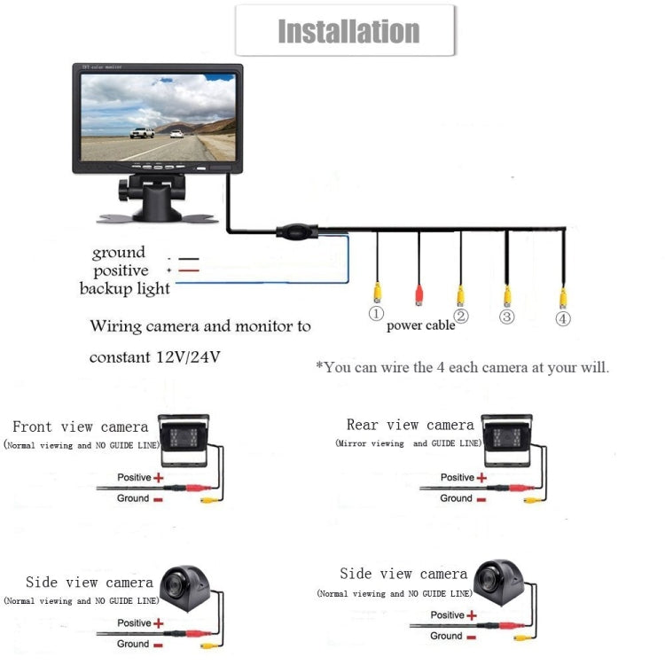 K0164 7 inch HD Car 18 IR Night Vision Rear View Backup Four Cameras Rearview Monitor, K0164 - HoMEdemic™ 