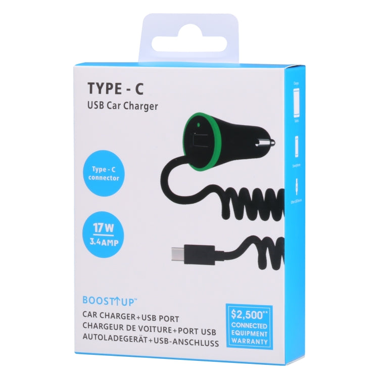 17W 3.4A Mini USB Car Charger with USB-C / Type-C Spring Cable, USB-C / Type-C - HoMEdemic™ 