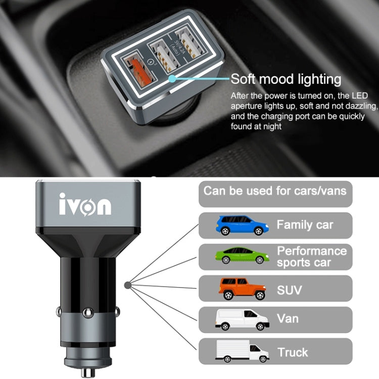 IVON CC36 39W 7.2A QC 3.0 USB + Dual USB Car Charger with Ambient Light - HoMEdemic™ 