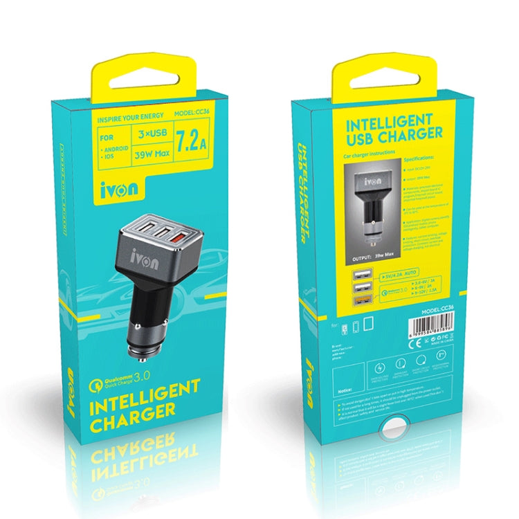 IVON CC36 39W 7.2A QC 3.0 USB + Dual USB Car Charger with Ambient Light - HoMEdemic™ 