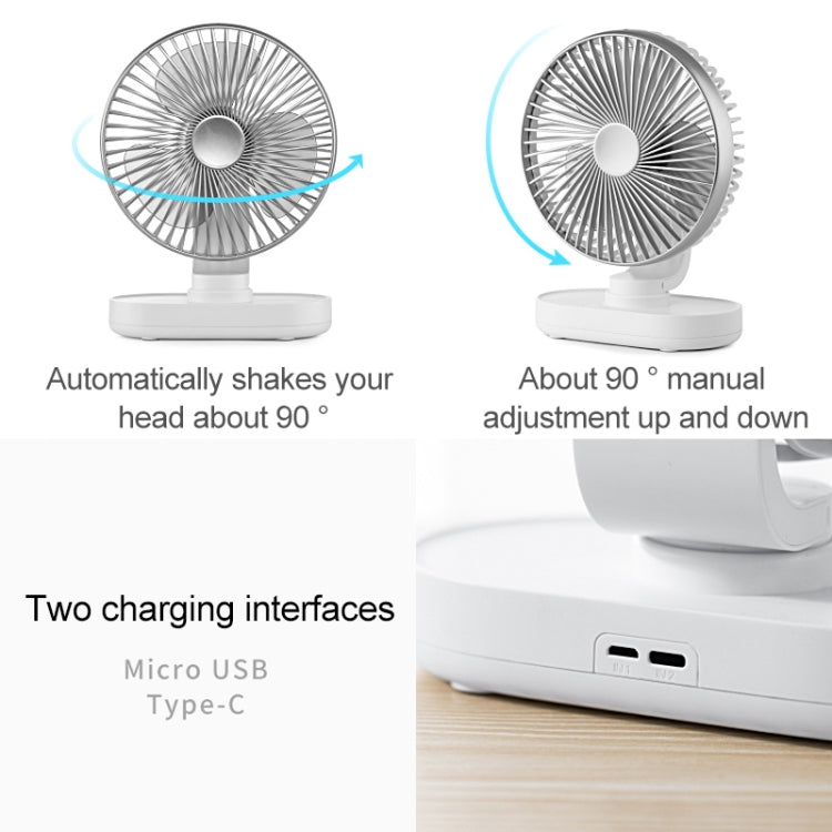 D77 4W Micro USB & USB-C / Type-C Rechargeable Portable Four-speed Adjustable Automatic Head Shaking Desktop Fan, Micro USB & USB-C / Type-C - HoMEdemic™ 
