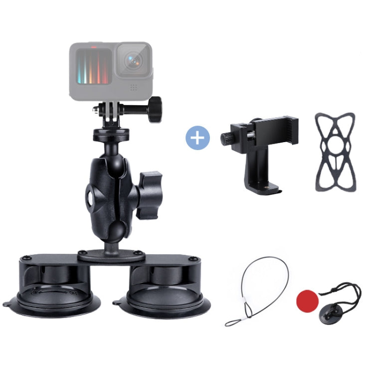 Dual Suction Cup Mount Holder with Tripod Adapter & Screw & Phone Clamp & Anti-lost Silicone Net for for GoPro, Insta360, DJI and Other Action Cameras, Smartphones(Black) - HoMEdemic™ 