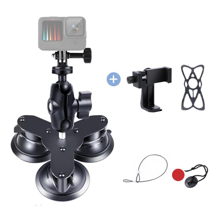 Triangle Suction Cup Mount Holder with Tripod Adapter & Screw & Phone Clamp & Anti-lost Silicone Net for for GoPro, Insta360, DJI and Other Action Cameras, Smartphones(Black) - HoMEdemic™ 