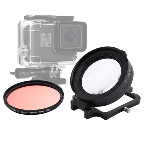 JSR 58mm 16X Macro Lens + Red Diving Lens Filter with Lens Cover + Lens Filter Ring Adapter + String + Cleaning Cloth for GoPro HERO6 /5 Dive Housing - HoMEdemic™ 